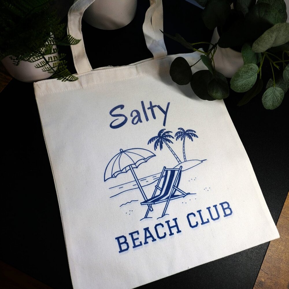 Salty Beach Club Canvas Tote Bag, Handmade, carry, books, beach, grocery